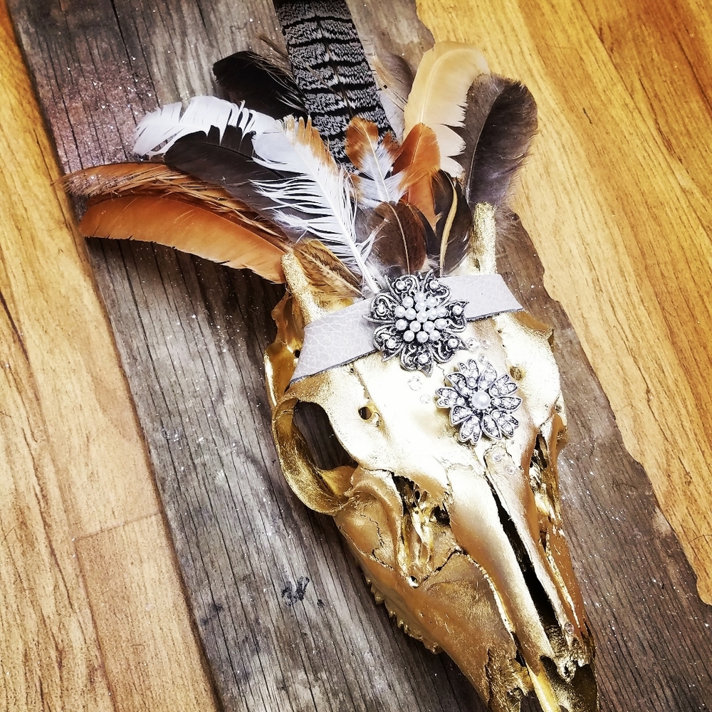 ☠Gold Deer Skull Feathers Swarovski Crystals Decor Western Deco Hunting Wall Art